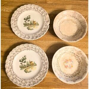 Antique Coordinating Saucers & Fruit Bowls 2 Each White w/Gold Crazed Chipped